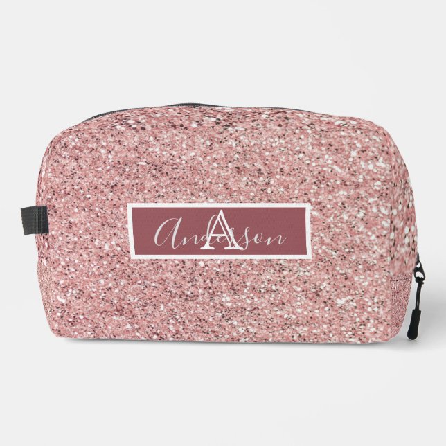 Girly Rose Gold Glitter Sparkles Monogram Name  Dopp Kit (Front)