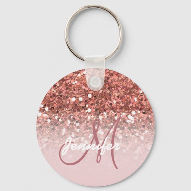 Girly Rose Gold Glitter Sparkles Monogram Name Key Ring (Front)