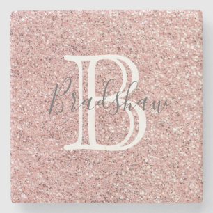 Girly Rose Gold Glitter Sparkles Monogram Name Stone Coaster