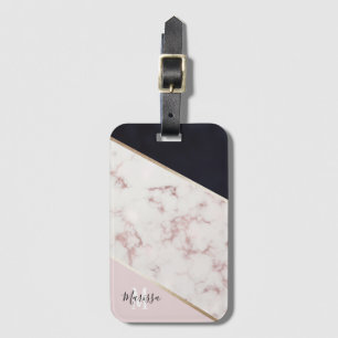 Girly Rose Gold Marble Abstract Monogram Luggage Tag