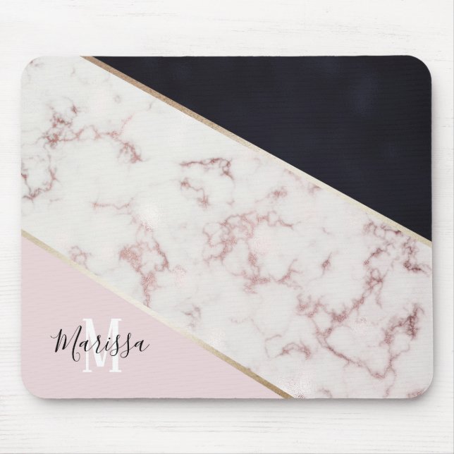 Girly Rose Gold Marble Abstract Monogram Mouse Pad (Front)