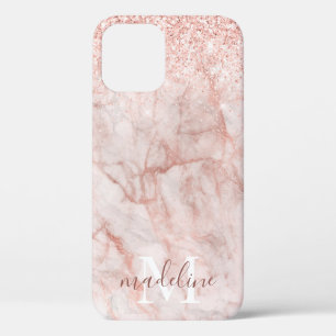 Girly Rose Gold Marble Glitter Monogrammed Name  iPhone 12 Case