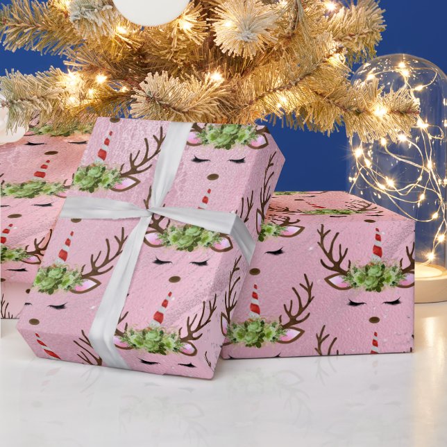 Girly rose gold marble unicorn reindeer pattern wrapping paper (Holidays)