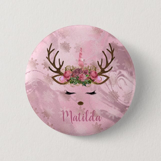 Girly rose gold marble unicorn reindeer snowflakes 6 cm round badge (Front)