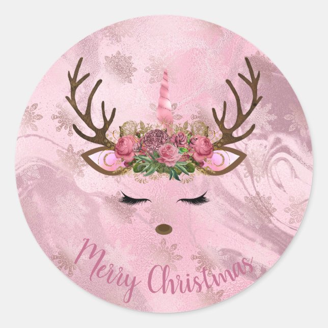Girly rose gold marble unicorn reindeer snowflakes classic round sticker (Front)