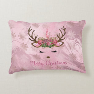 Girly rose gold marble unicorn reindeer snowflakes decorative cushion