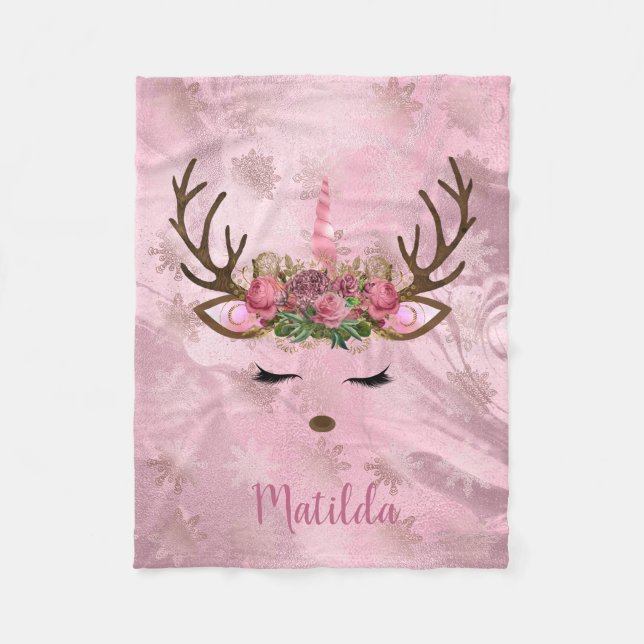 Girly rose gold marble unicorn reindeer snowflakes fleece blanket (Front)