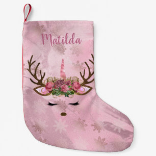 Girly rose gold marble unicorn reindeer snowflakes small christmas stocking
