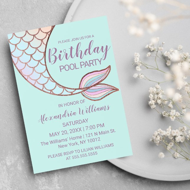 Girly Rose Gold Mint Mermaid Tail Pool Birthday Invitation (Girly Rose Gold Mint Mermaid Tail Pool Birthday Invitation)