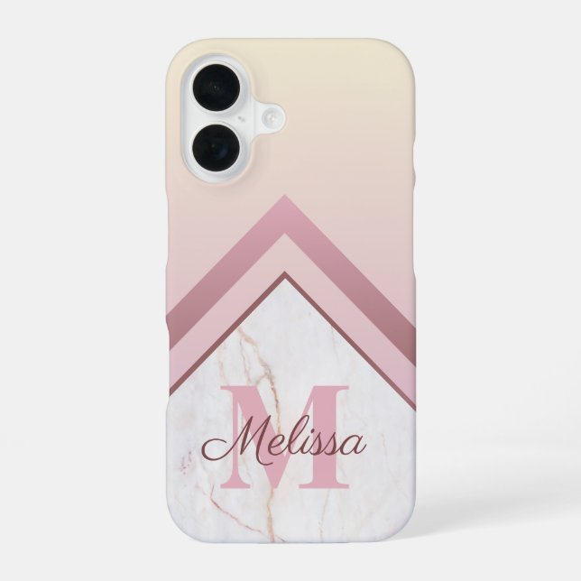 Girly Rose Gold Monogram Geometric Marble iPhone 16 Case (Back)
