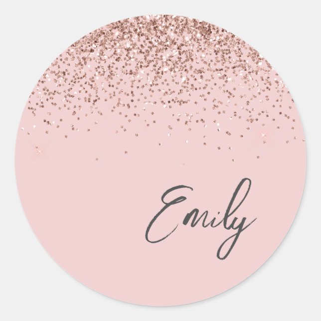 Girly Rose Gold Monogram Glam Name Classic Round Sticker (Front)