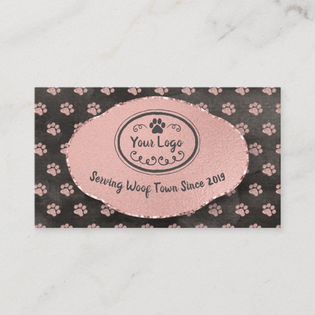 Girly Rose Gold Paw Prints Dog Grooming Add Logo Business Card (Front)