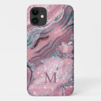 Girly Rose Gold Pink Agate Quartz Sparkle Monogram