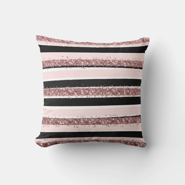 Girly Rose Gold Pink Black Glitter Stripes Pattern Cushion (Front)