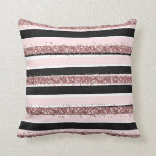 Girly Rose Gold Pink Black Glitter Stripes Pattern Cushion
