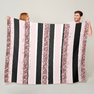 Girly Rose Gold Pink Black Glitter Stripes Pattern Fleece Blanket