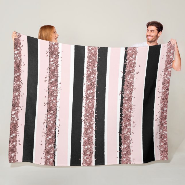 Girly Rose Gold Pink Black Glitter Stripes Pattern Fleece Blanket (In Situ)
