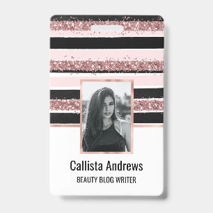 Girly Rose Gold Pink Black Glitter Stripes Pattern ID Badge
