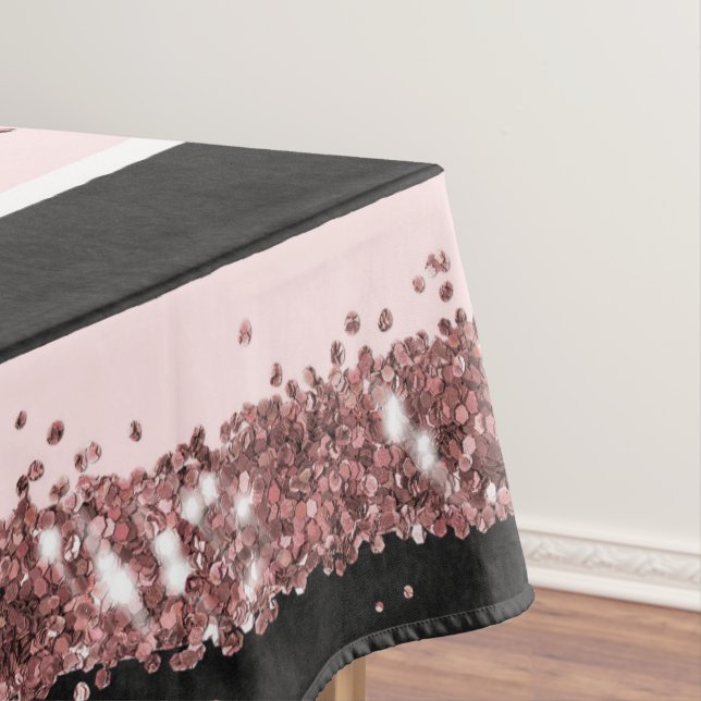 Girly Rose Gold Pink Black Glitter Stripes Pattern Tablecloth (In Situ)