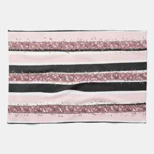 Girly Rose Gold Pink Black Glitter Stripes Pattern Tea Towel
