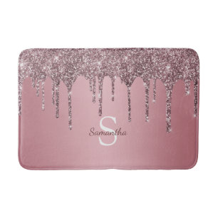 Girly Rose Gold Pink Glitter Drip Sparkle Monogram Bath Mat