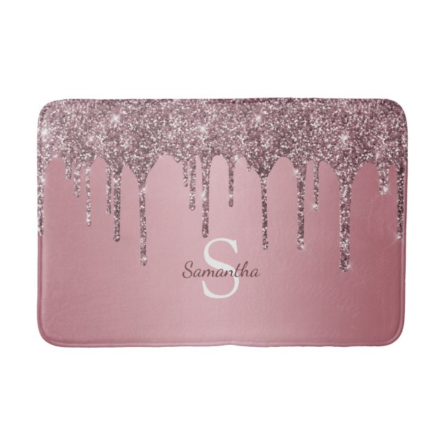 Girly Rose Gold Pink Glitter Drip Sparkle Monogram Bath Mat (Front)