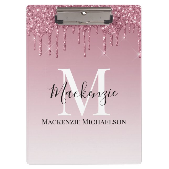 Girly Rose Gold Pink Glitter Monogram Name  Clipboard (Front)