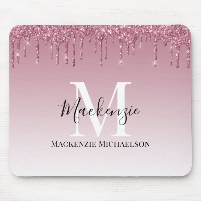 Girly Rose Gold Pink Glitter Monogram Name  Mouse Pad (Front)