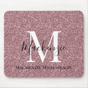 Girly Rose Gold Pink Glitter Monogram Name Mouse Pad