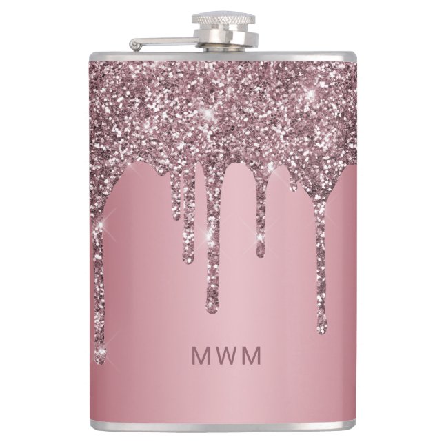 Girly Rose Gold Pink Glitter Sparkle Drip Monogram Hip Flask (Front)
