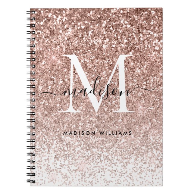 Girly Rose Gold Pink Glitter Sparkle Monogram Notebook (Front)