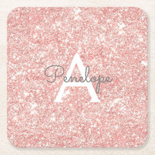 Girly Rose Gold Pink Glitter Sparkle Monogram Square Paper Coaster