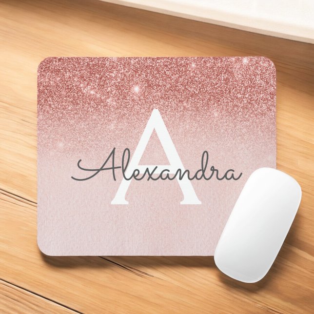 Girly Rose Gold - Pink Sparkle Glitter Monogram Mouse Pad (Creator Uploaded)