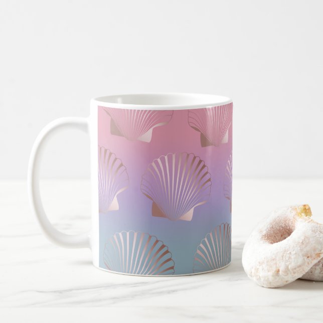 Girly rose gold seashell pattern colourful gradien coffee mug (With Donut)