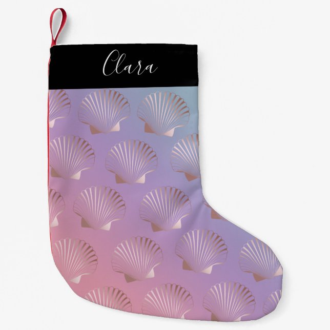 Girly rose gold seashell pattern colourful small christmas stocking (Front)
