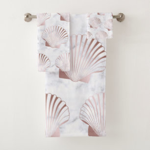 Girly rose gold seashell pattern & white marble bath towel set