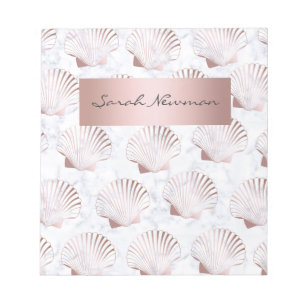 Girly rose gold seashell pattern & white marble notepad
