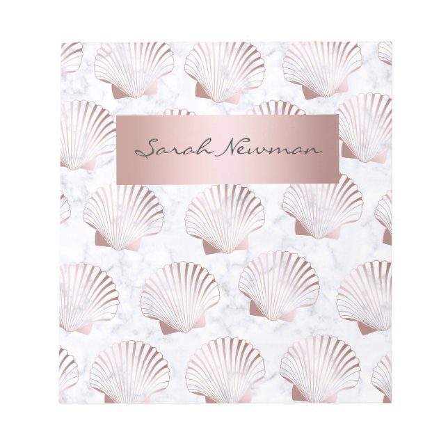 Girly rose gold seashell pattern & white marble notepad (Front)