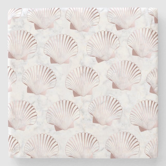 Girly rose gold seashell pattern & white marble stone coaster (Front)