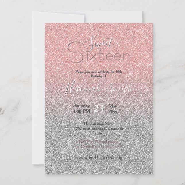 Girly Rose Gold Silver Glitter Ombre Design Invitation (Front)