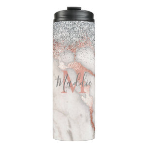 Girly Rose Gold Silver Marble Monogrammed Name Thermal Tumbler