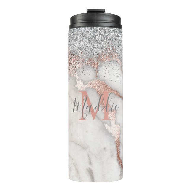 Girly Rose Gold Silver Marble Monogrammed Name Thermal Tumbler (Front)