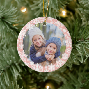 Girly Rose Gold Snowflake Merry and Bright Photo Ceramic Ornament