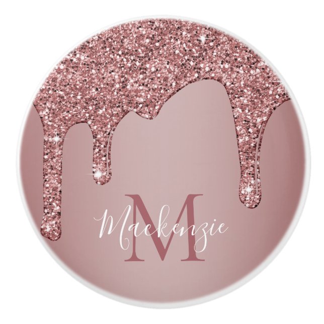 Girly Rose Gold Sparkle Glitter Drips Monogram Ceramic Knob (Front)