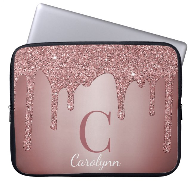 Girly Rose Gold Sparkle Glitter Drips Monogram Laptop Sleeve (Front)