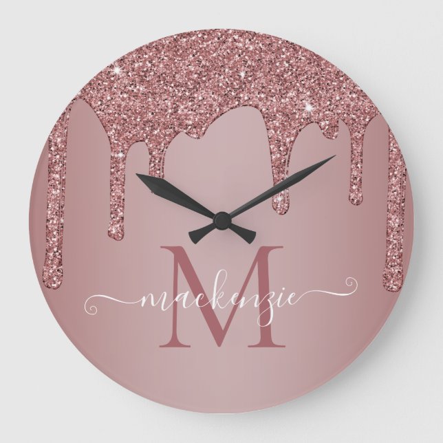 Girly Rose Gold Sparkle Glitter Drips Monogram Large Clock (Front)