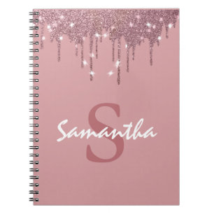 Girly Rose Gold Sparkle Glitter Drips Monogram Notebook
