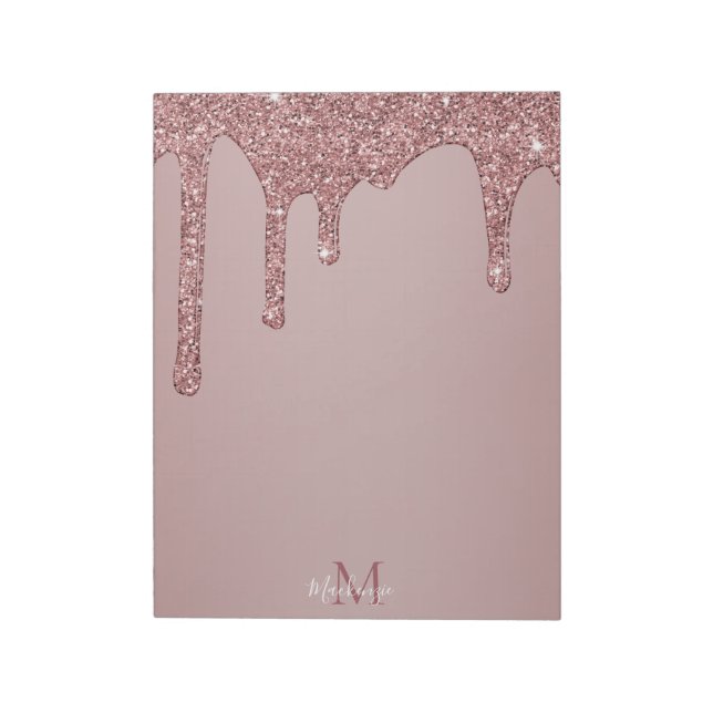 Girly Rose Gold Sparkle Glitter Drips Monogram Notepad (Rotated)