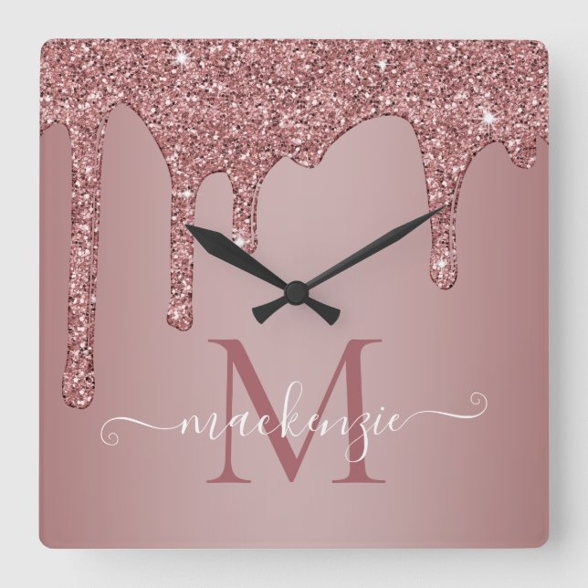 Girly Rose Gold Sparkle Glitter Drips Monogram Square Wall Clock (Front)