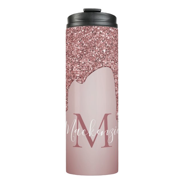 Girly Rose Gold Sparkle Glitter Drips Monogram Thermal Tumbler (Front)